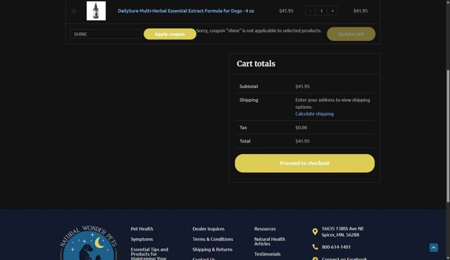 Natural Wonder Pets checkout page showing Natural Wonder Pets coupon code box | Screenshot taken by SimplyCodes community member on Aug 29, 2025