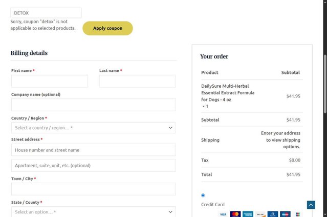 Natural Wonder Pets checkout page showing Natural Wonder Pets coupon code box | Screenshot taken by SimplyCodes community member on Sep 5, 2025