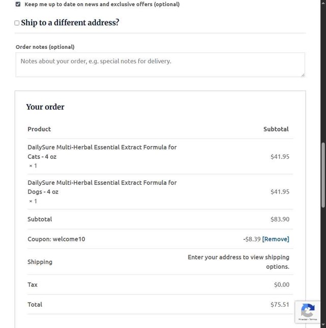 Natural Wonder Pets checkout page showing Natural Wonder Pets coupon code box | Screenshot taken by SimplyCodes community member on Aug 7, 2025