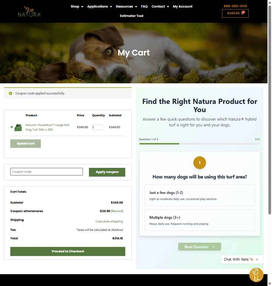 Natura-turf checkout page showing Natura-turf promo code box | Screenshot taken by SimplyCodes community member on Oct 27, 2025
