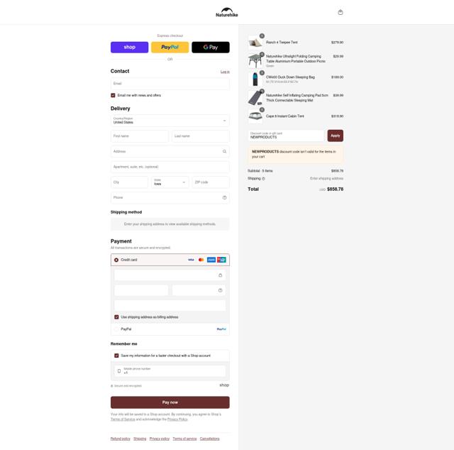 Naturehike checkout page showing Naturehike discount code box | Screenshot taken by SimplyCodes community member on Aug 30, 2025
