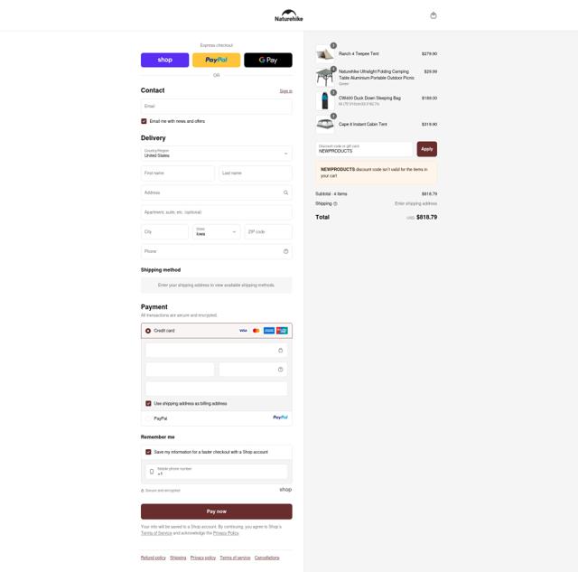 Naturehike checkout page showing Naturehike discount code box | Screenshot taken by SimplyCodes community member on Sep 12, 2025