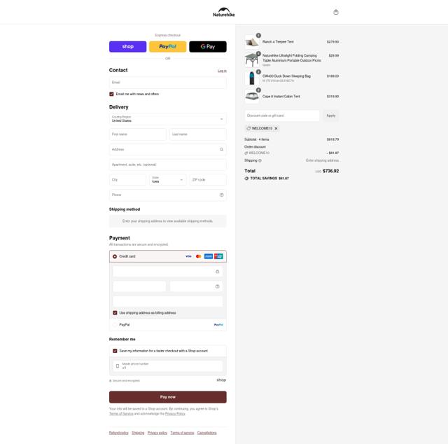 Naturehike checkout page showing Naturehike discount code box | Screenshot taken by SimplyCodes community member on Sep 3, 2025