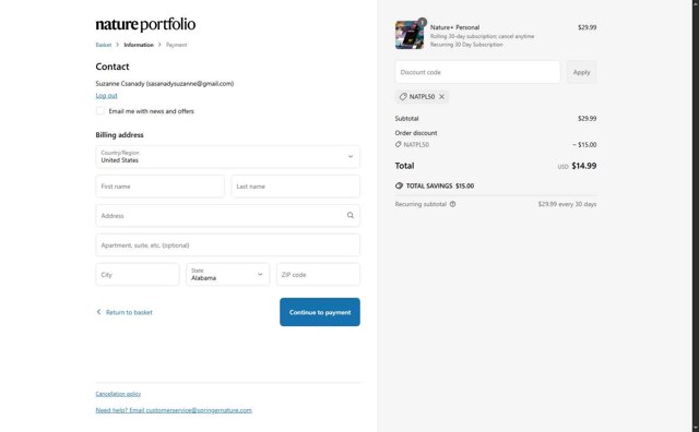 Nature Journal checkout page showing Nature Journal promo code box | Screenshot taken by SimplyCodes community member on May 26, 2025