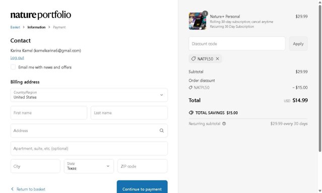 Nature Journal checkout page showing Nature Journal promo code box | Screenshot taken by SimplyCodes community member on May 15, 2025