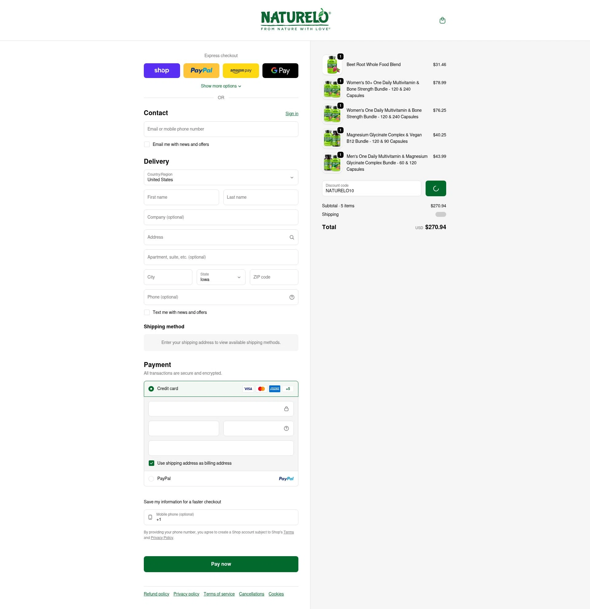 Naturelo checkout page showing Naturelo discount code box | Screenshot taken by SimplyCodes community member on Feb 11, 2026