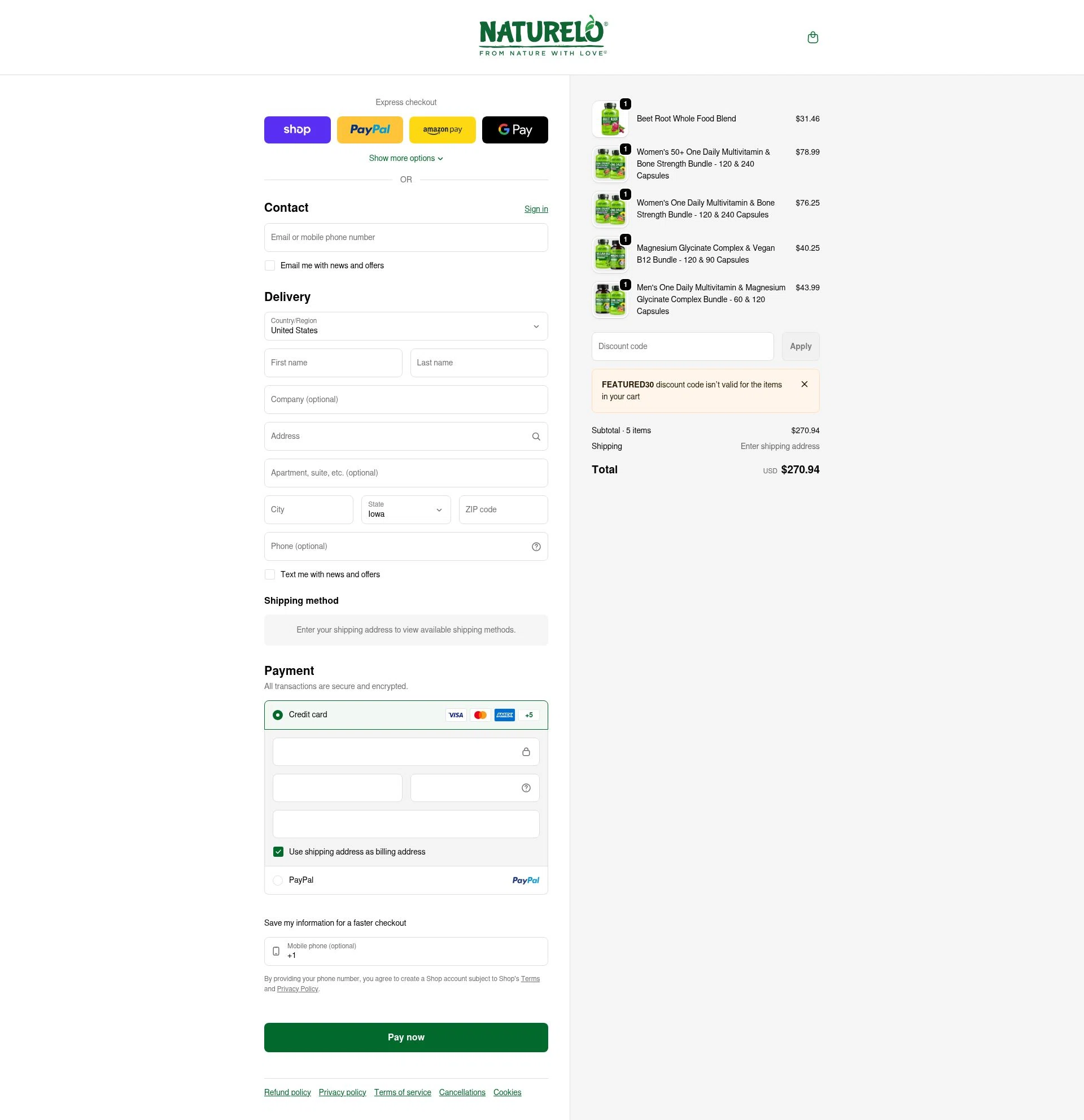 Naturelo checkout page showing Naturelo discount code box | Screenshot taken by SimplyCodes community member on Feb 11, 2026