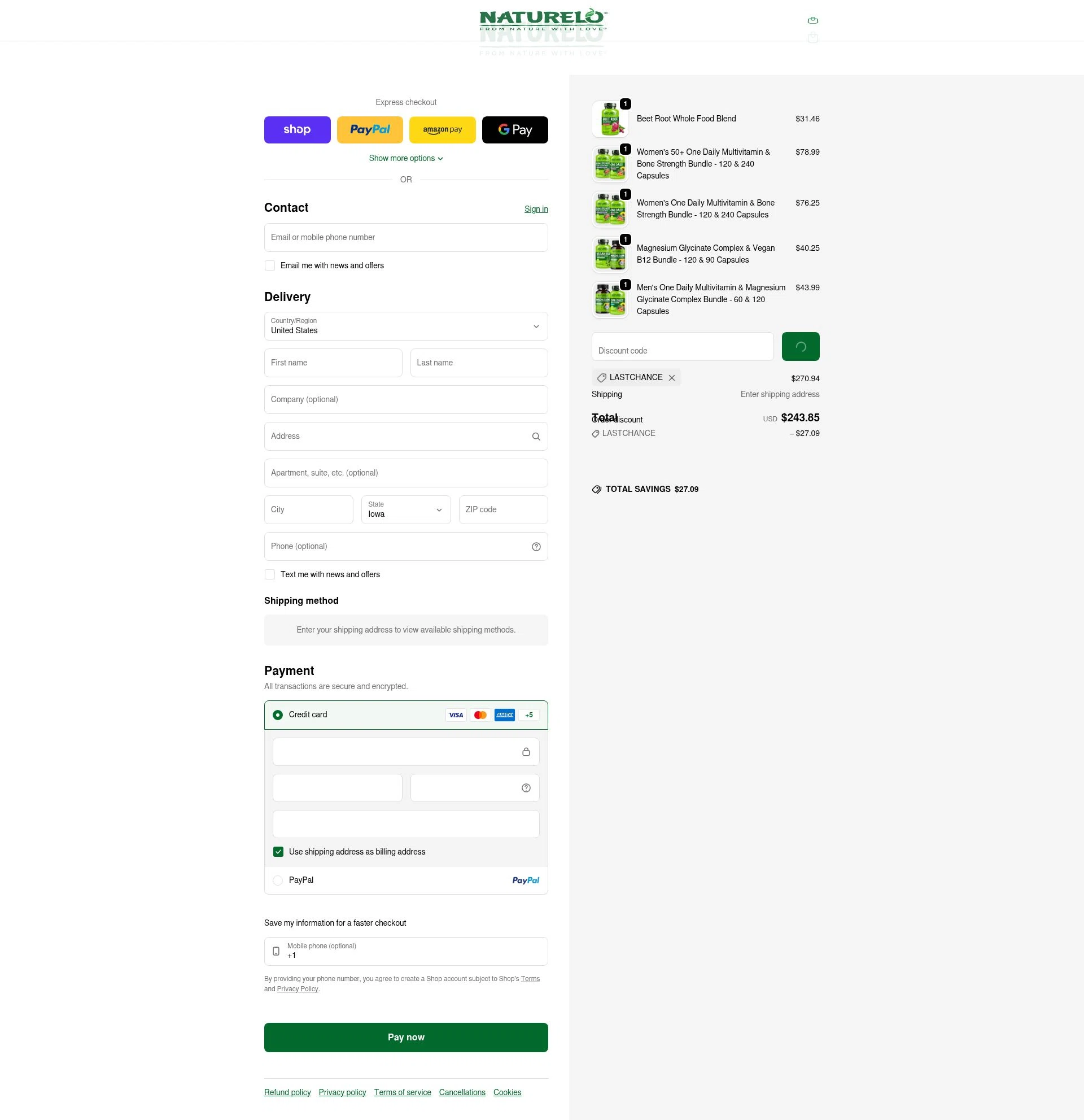 Naturelo checkout page showing Naturelo discount code box | Screenshot taken by SimplyCodes community member on Feb 11, 2026