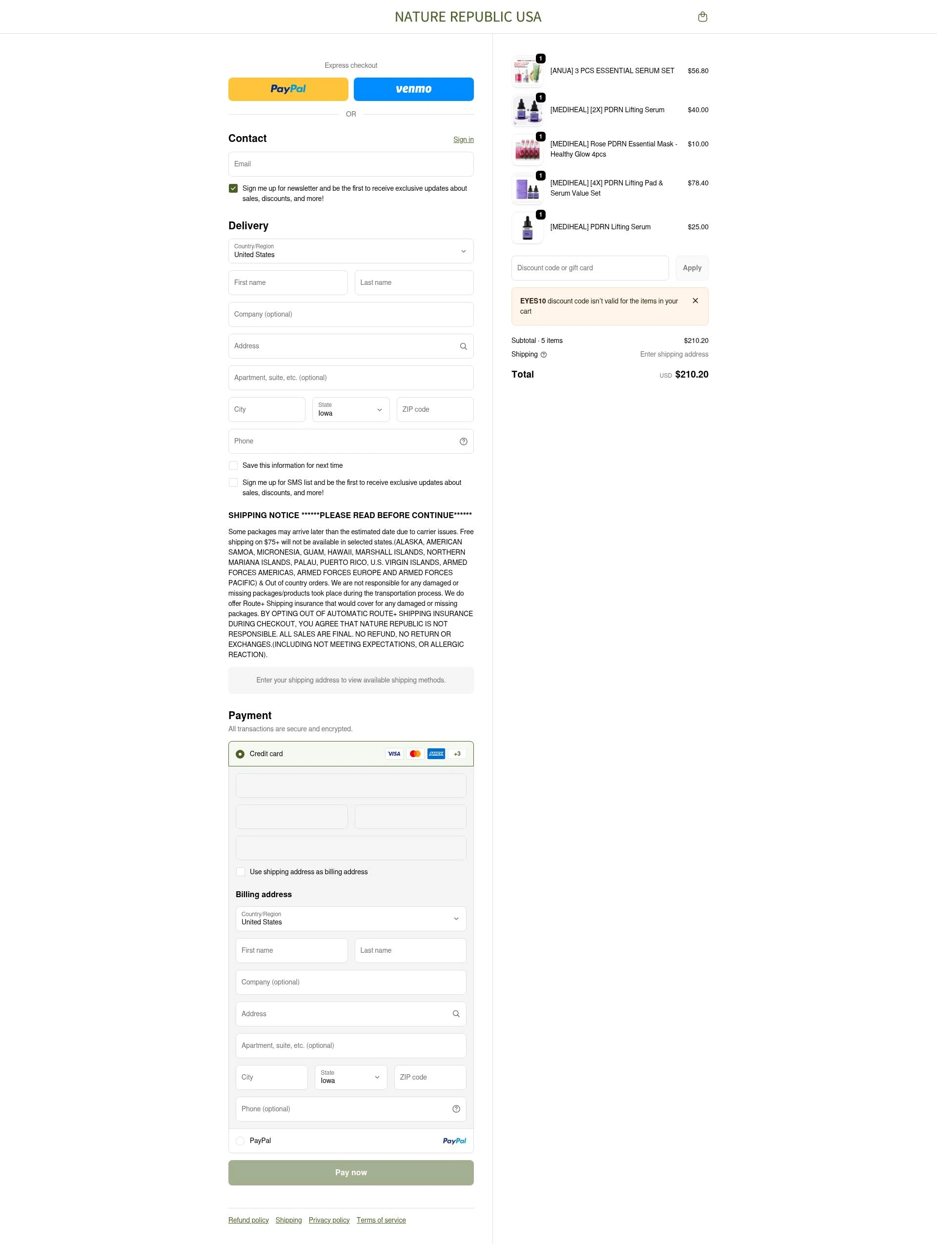 Nature Republic checkout page showing Nature Republic promo code box | Screenshot taken by SimplyCodes community member on Dec 28, 2025