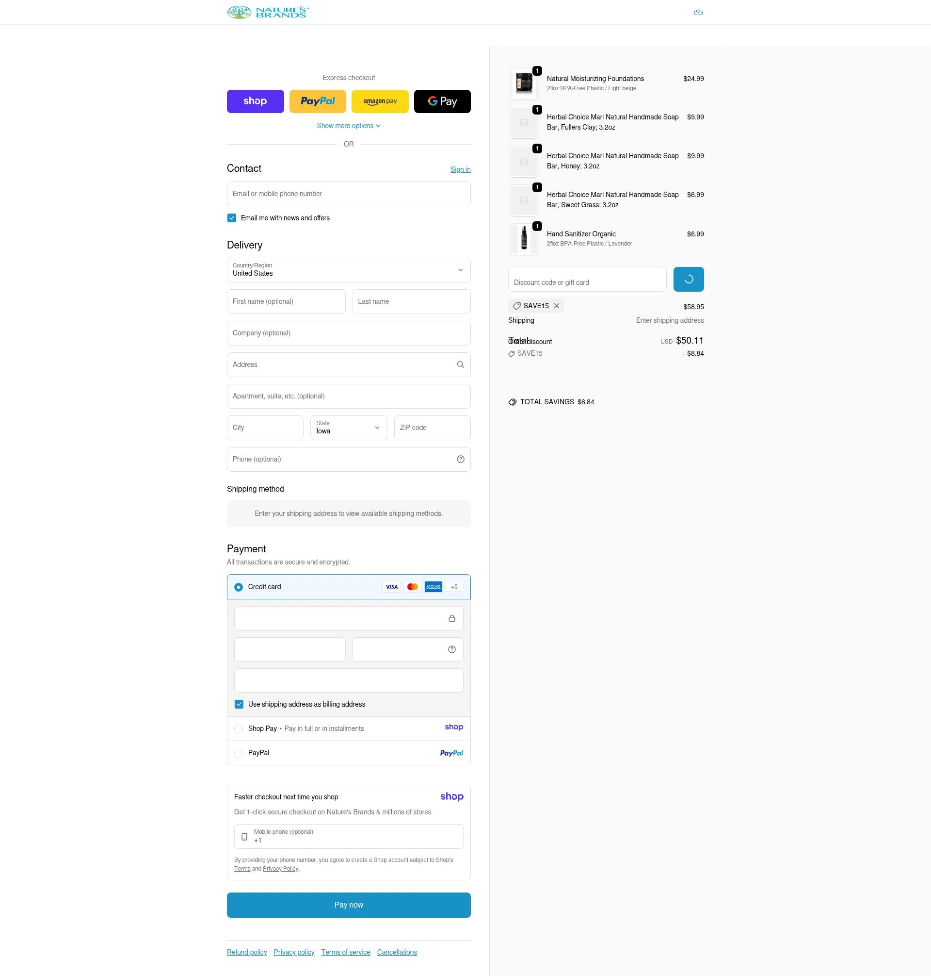 Nature's Brands checkout page showing Nature's Brands promo code box | Screenshot taken by SimplyCodes community member on Jan 12, 2026