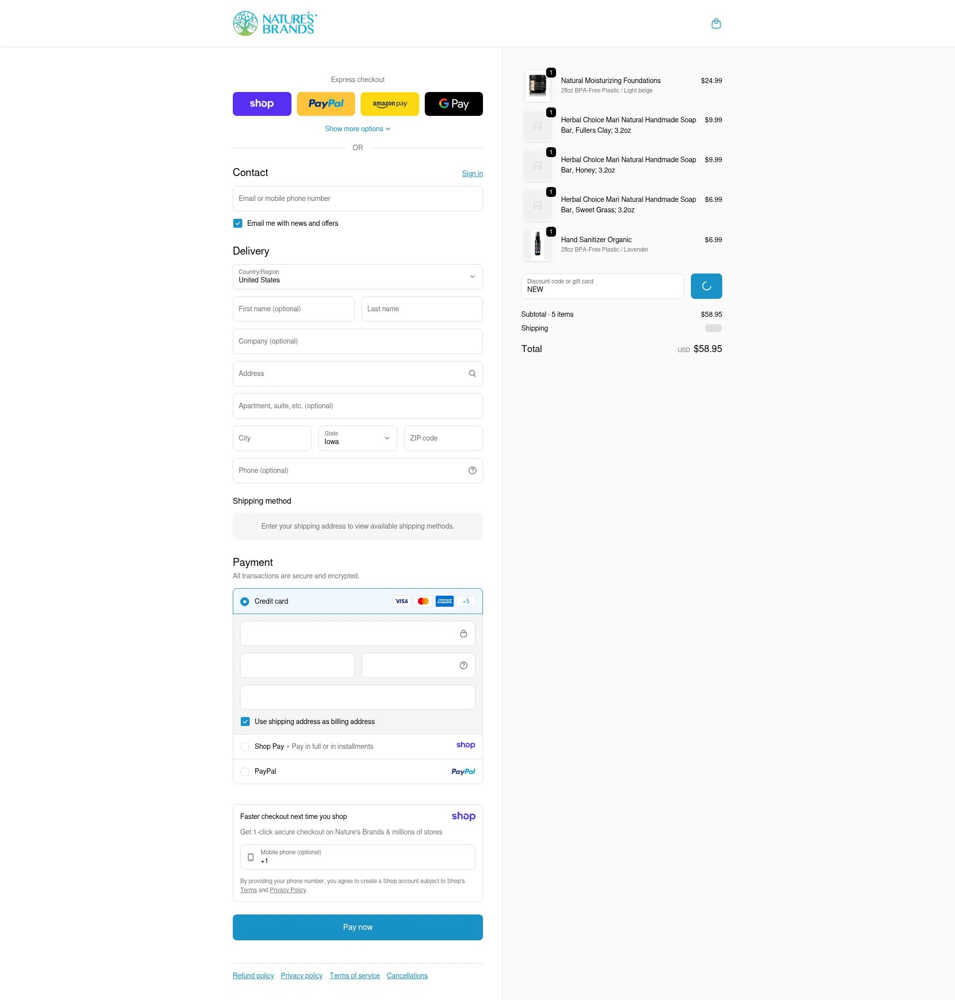 Nature's Brands checkout page showing Nature's Brands promo code box | Screenshot taken by SimplyCodes community member on Jan 12, 2026