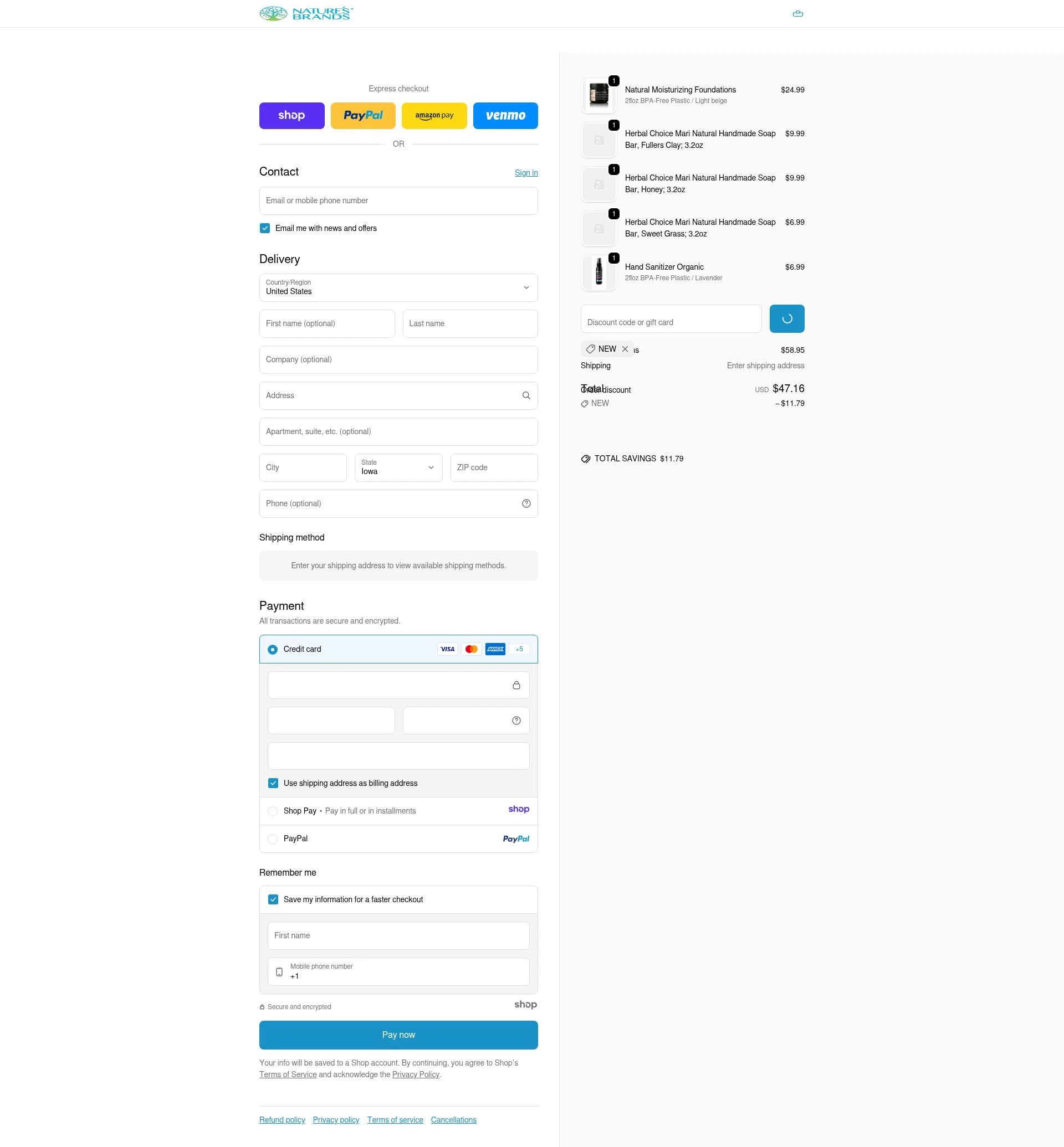 Nature's Brands checkout page showing Nature's Brands promo code box | Screenshot taken by SimplyCodes community member on Jan 7, 2026