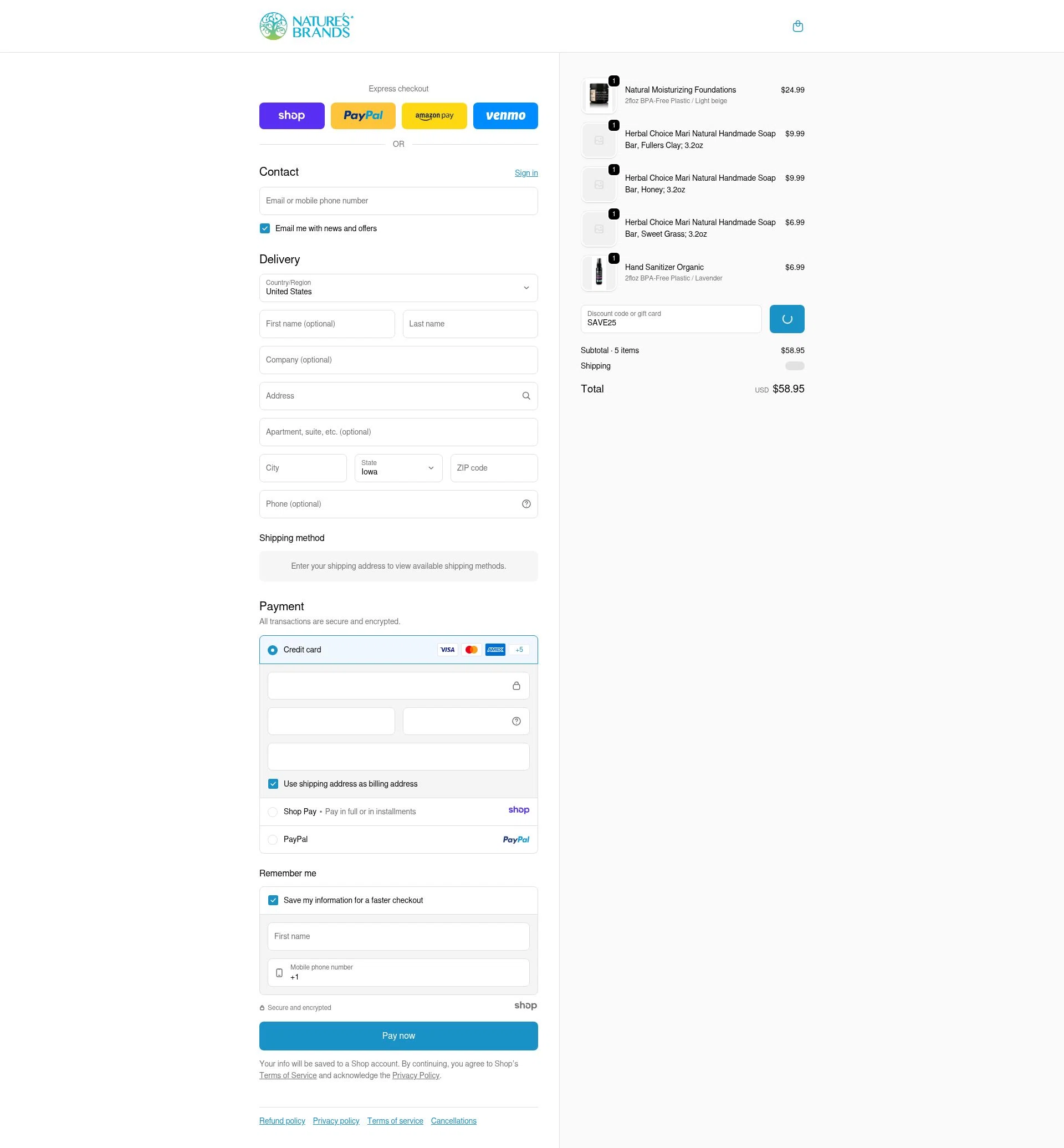 Nature's Brands checkout page showing Nature's Brands promo code box | Screenshot taken by SimplyCodes community member on Jan 1, 2026