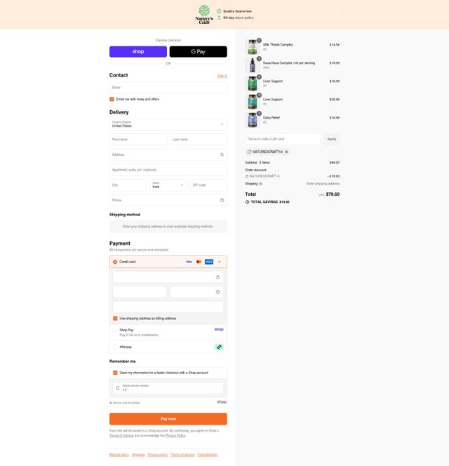 Natures Craft checkout page showing Natures Craft coupon code box | Screenshot taken by SimplyCodes community member on Sep 14, 2025