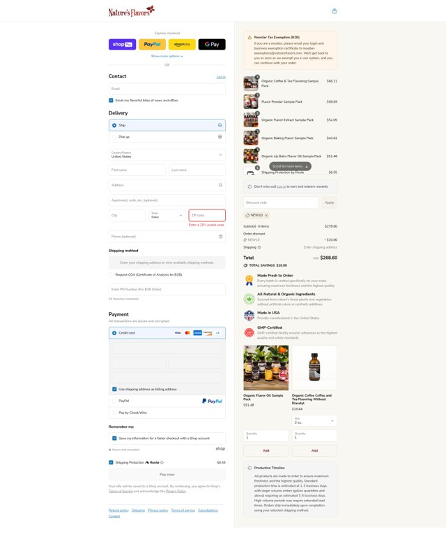 Nature's Flavors checkout page showing Nature's Flavors coupon code box | Screenshot taken by SimplyCodes community member on Aug 8, 2025