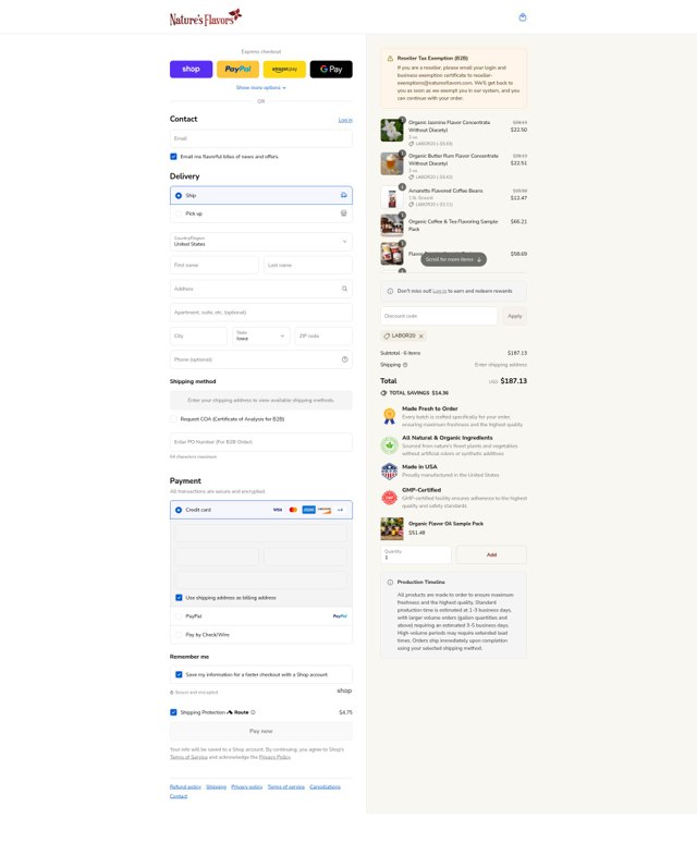 Nature's Flavors checkout page showing Nature's Flavors coupon code box | Screenshot taken by SimplyCodes community member on Sep 3, 2025