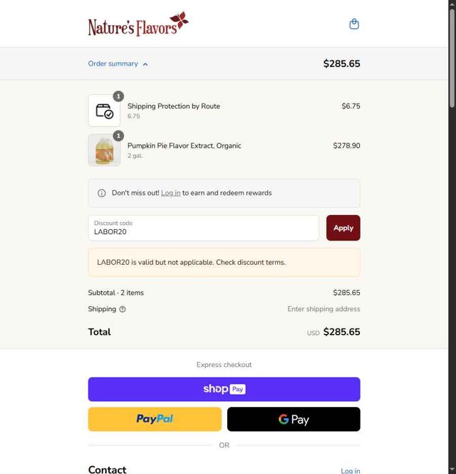 Nature's Flavors checkout page showing Nature's Flavors coupon code box | Screenshot taken by SimplyCodes community member on Aug 28, 2025