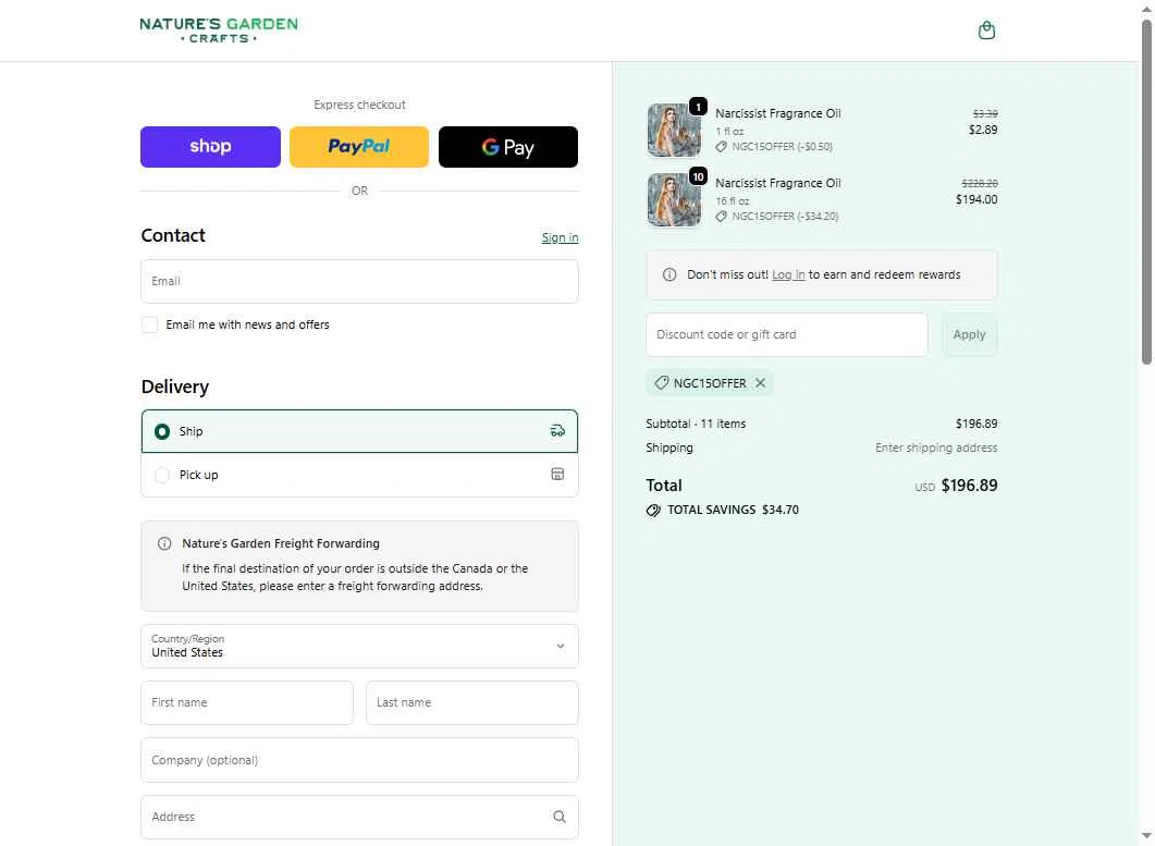 Natures Garden Candle Supply checkout page showing Natures Garden Candle Supply coupon code box | Screenshot taken by SimplyCodes community member on Nov 22, 2025