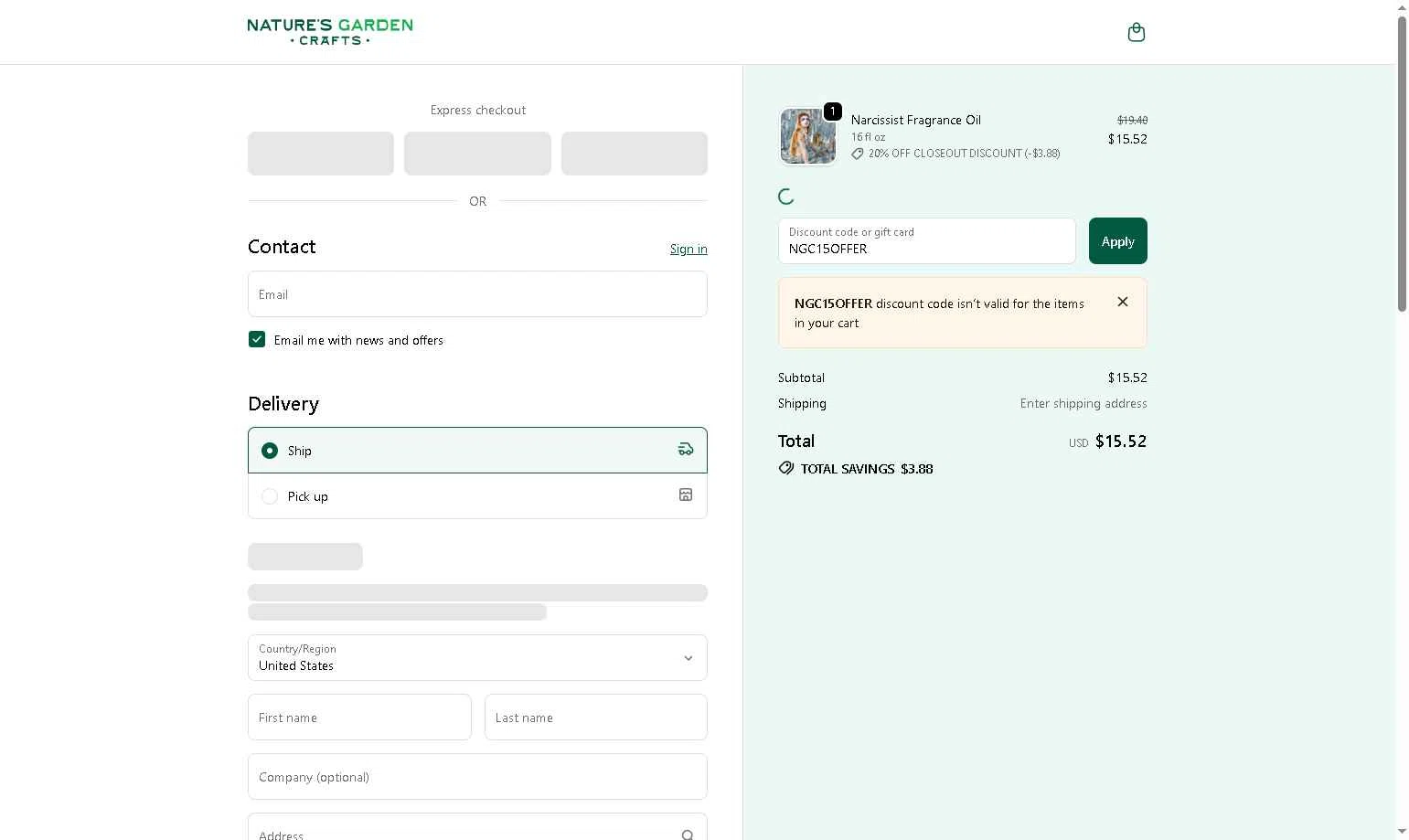 Natures Garden Candle Supply checkout page showing Natures Garden Candle Supply coupon code box | Screenshot taken by SimplyCodes community member on Dec 12, 2025