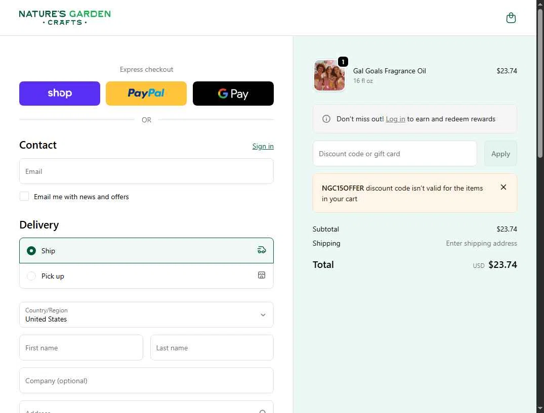 Natures Garden Candle Supply checkout page showing Natures Garden Candle Supply coupon code box | Screenshot taken by SimplyCodes community member on Jan 25, 2026
