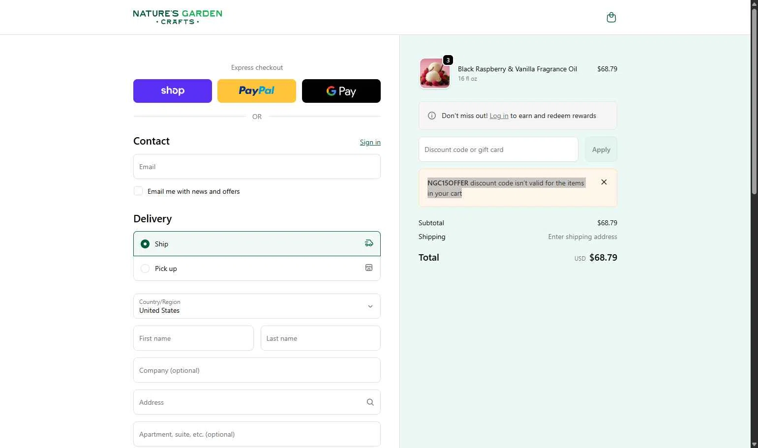 Natures Garden Candle Supply checkout page showing Natures Garden Candle Supply coupon code box | Screenshot taken by SimplyCodes community member on Jan 14, 2026