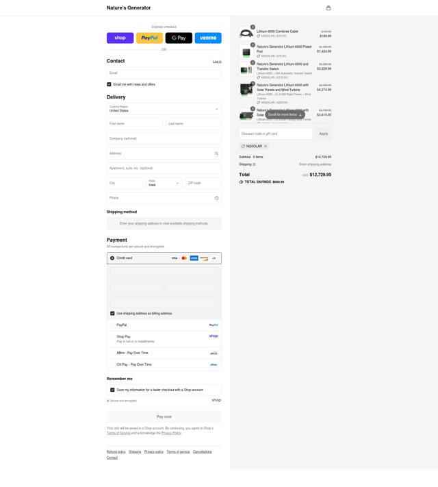 Nature's Generator checkout page showing Nature's Generator promo code box | Screenshot taken by SimplyCodes community member on Sep 6, 2025