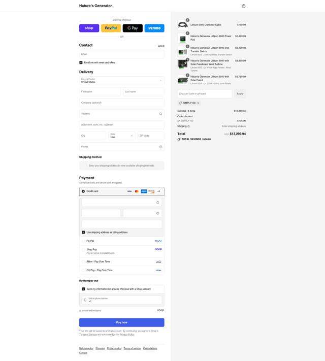 Nature's Generator checkout page showing Nature's Generator promo code box | Screenshot taken by SimplyCodes community member on Sep 6, 2025