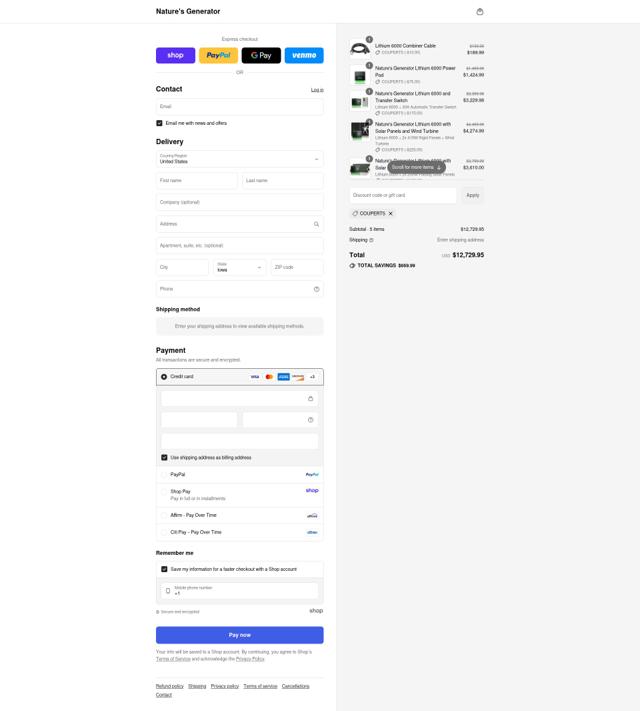 Nature's Generator checkout page showing Nature's Generator promo code box | Screenshot taken by SimplyCodes community member on Sep 6, 2025