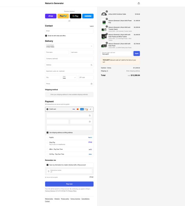 Nature's Generator checkout page showing Nature's Generator promo code box | Screenshot taken by SimplyCodes community member on Sep 6, 2025