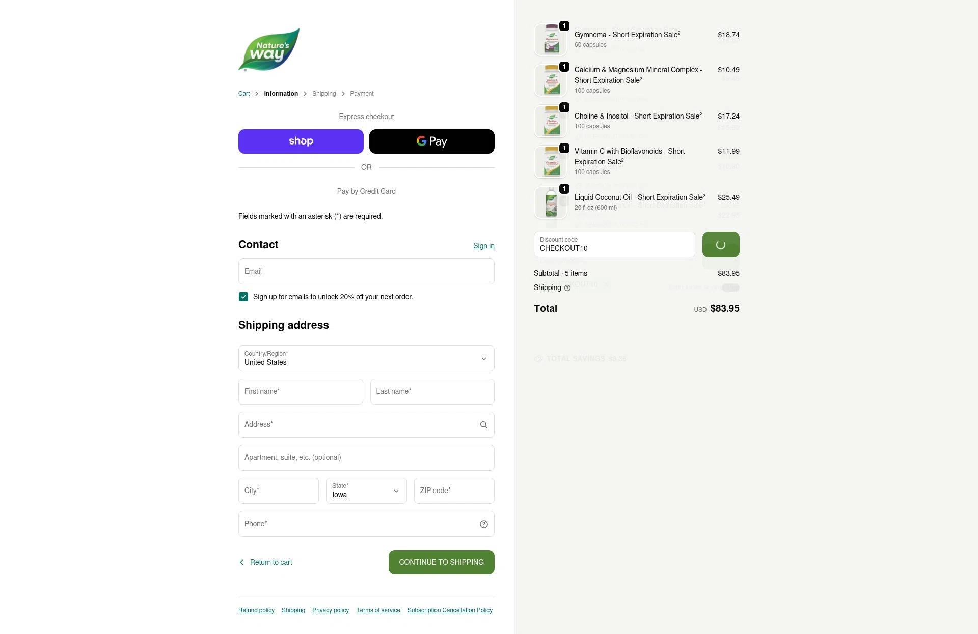 Nature's Way Brands checkout page showing Nature's Way Brands promo code box | Screenshot taken by SimplyCodes community member on Feb 5, 2026