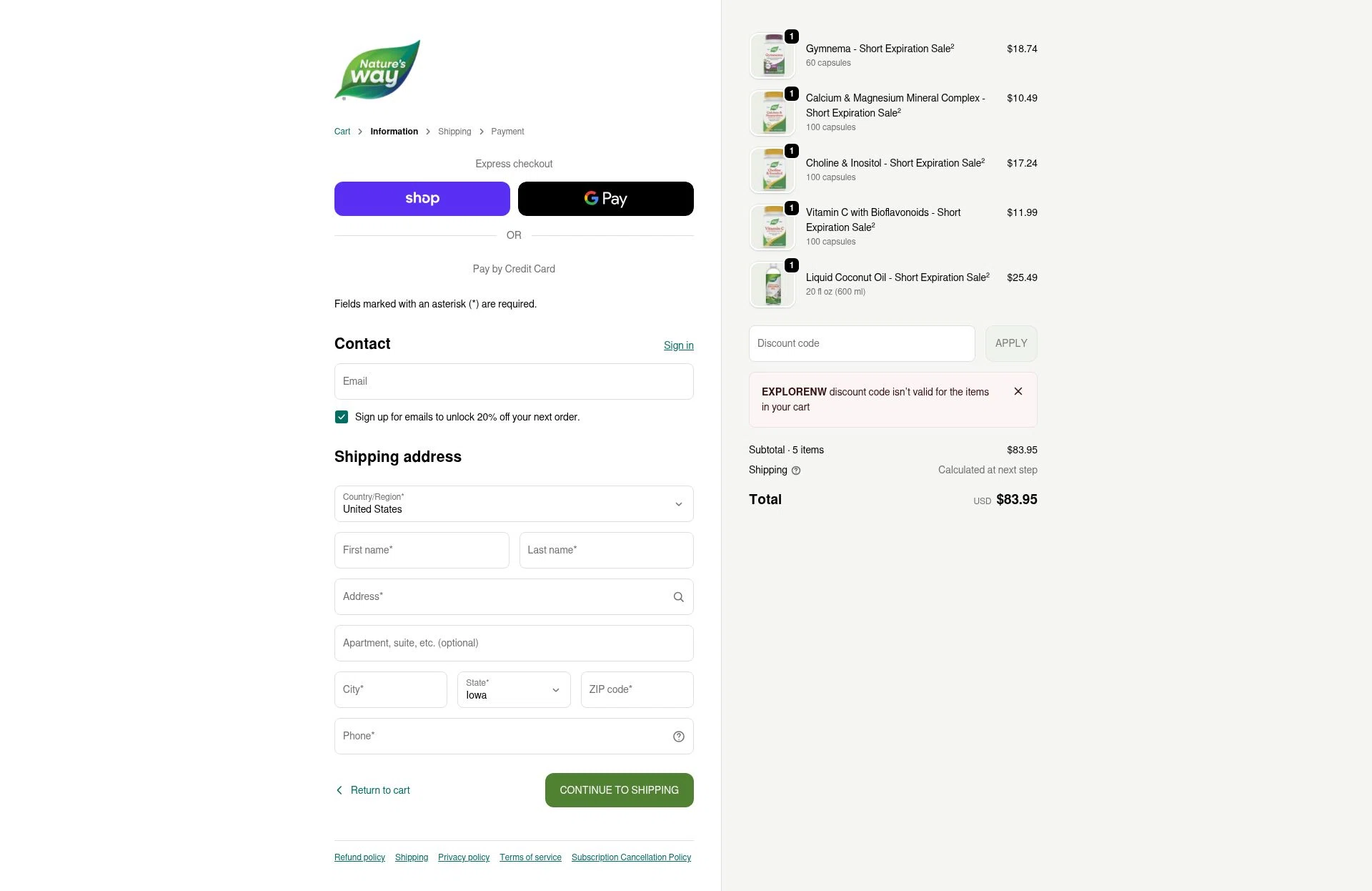 Nature's Way Brands checkout page showing Nature's Way Brands promo code box | Screenshot taken by SimplyCodes community member on Feb 5, 2026
