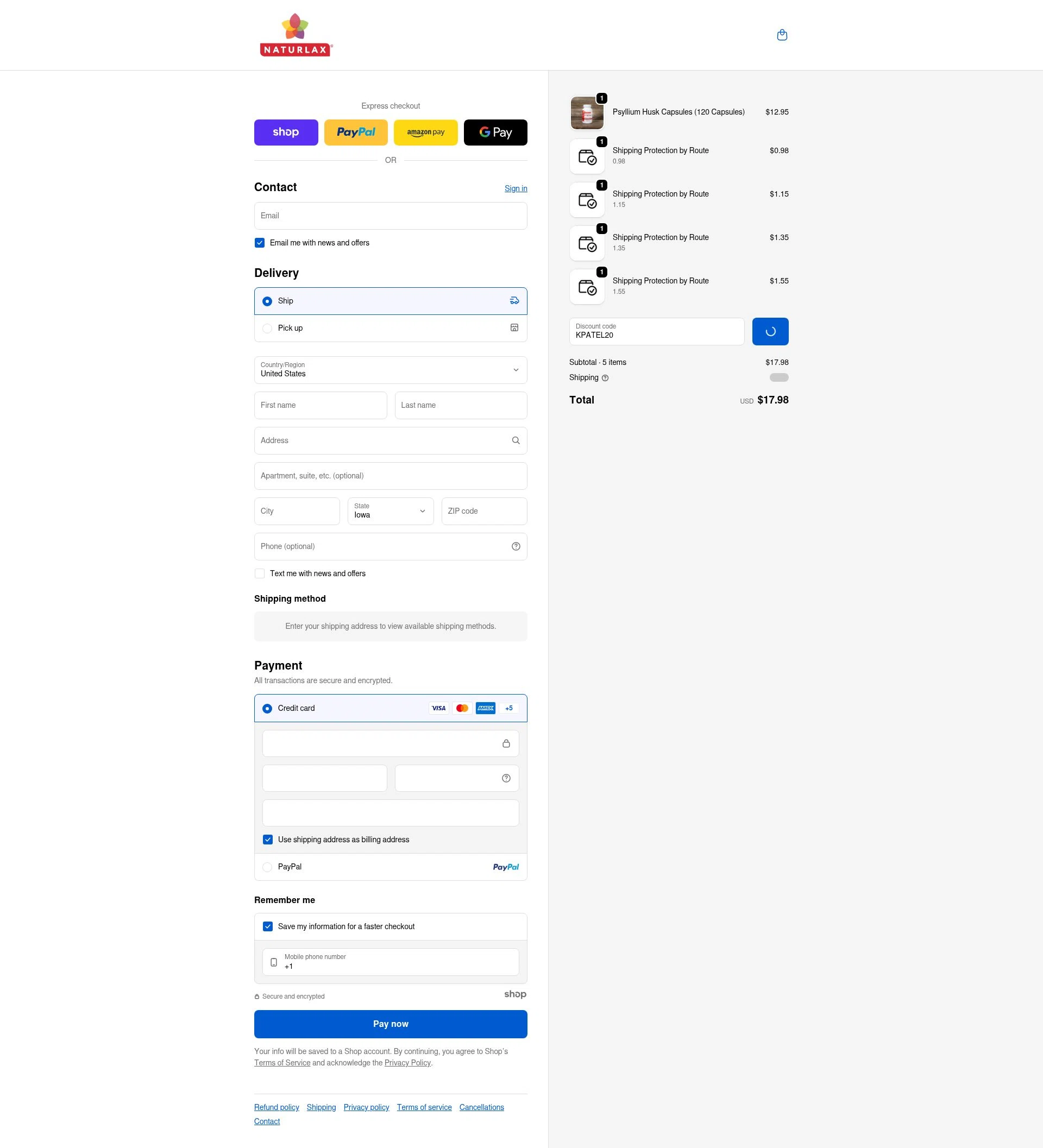Naturlax checkout page showing Naturlax discount code box | Screenshot taken by SimplyCodes community member on Dec 28, 2025