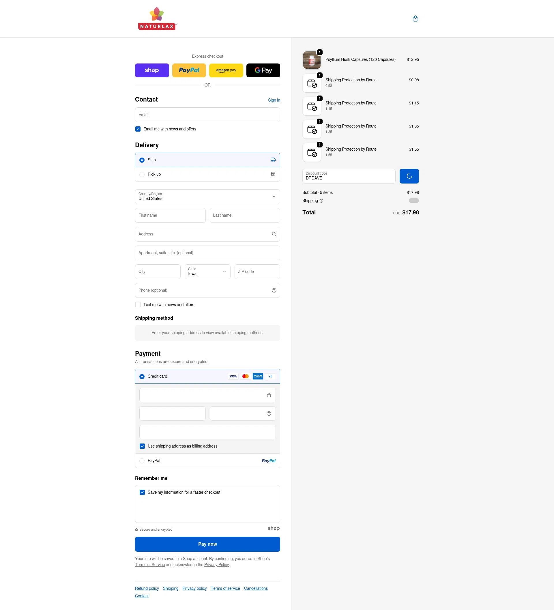 Naturlax checkout page showing Naturlax discount code box | Screenshot taken by SimplyCodes community member on Jan 2, 2026