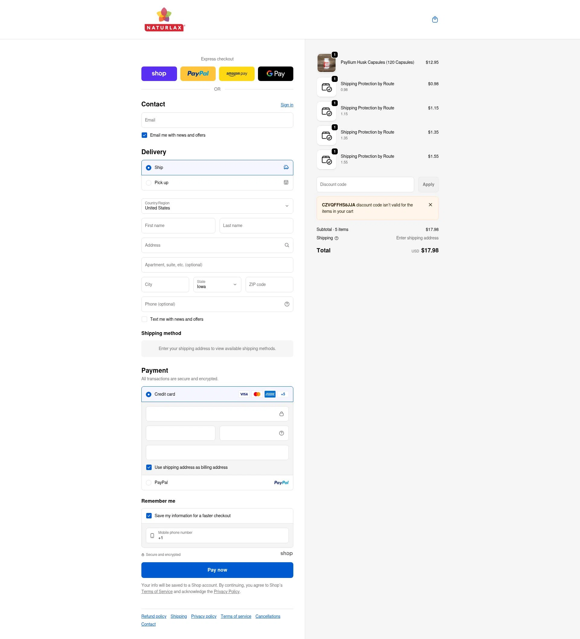 Naturlax checkout page showing Naturlax discount code box | Screenshot taken by SimplyCodes community member on Jan 7, 2026