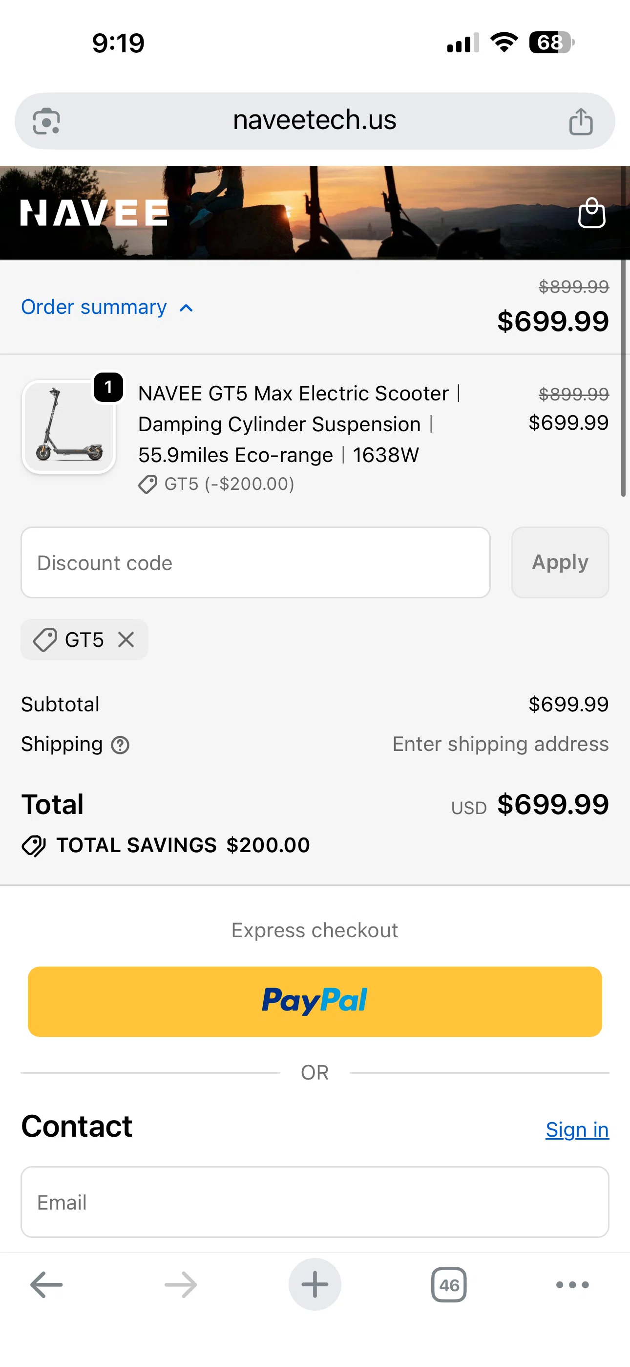 NAVEE promo code screenshot showing code GT5 applied at NAVEE checkout page. Uploaded by SimplyCodes community member carlosrivero on Jun 12, 2026