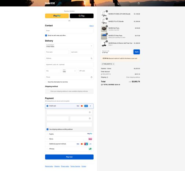 NAVEE checkout page showing NAVEE promo code box | Screenshot taken by SimplyCodes community member on Sep 10, 2025