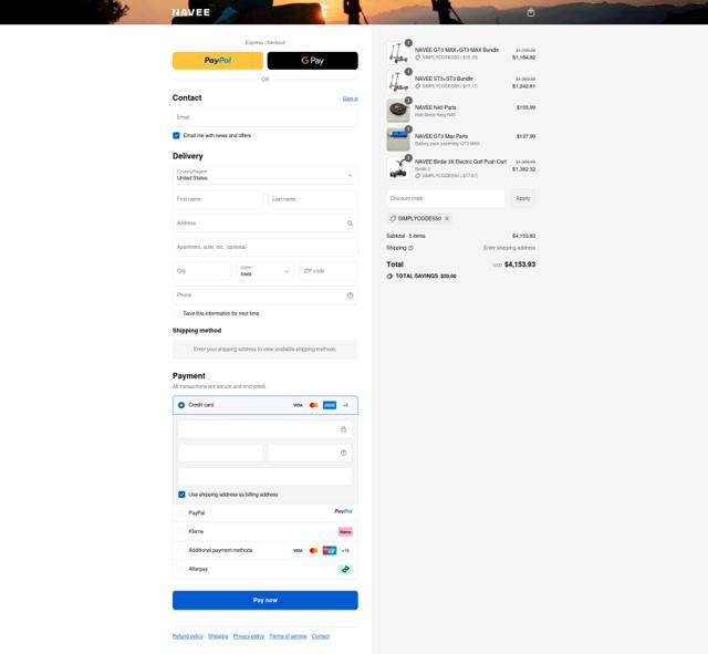 NAVEE checkout page showing NAVEE promo code box | Screenshot taken by SimplyCodes community member on Sep 15, 2025