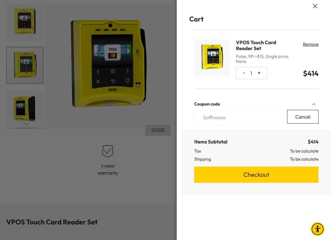 Nayax checkout page showing Nayax coupon code box | Screenshot taken by SimplyCodes community member on Oct 8, 2025