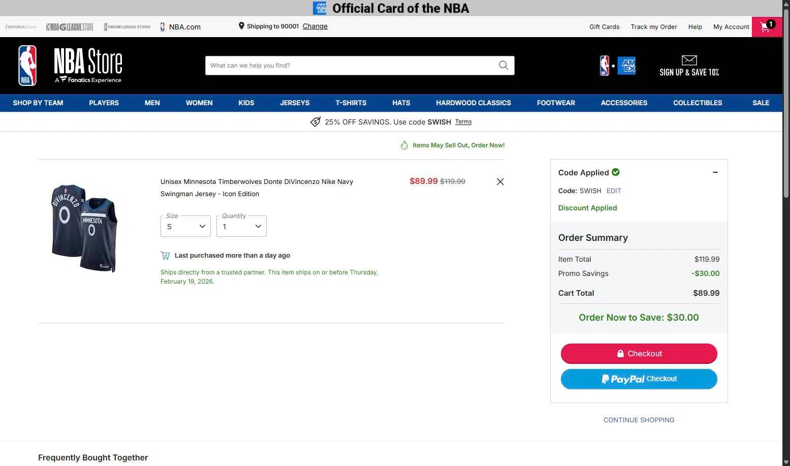 NBA League Pass checkout page showing NBA League Pass promo code box | Screenshot taken by SimplyCodes community member on Jan 29, 2026