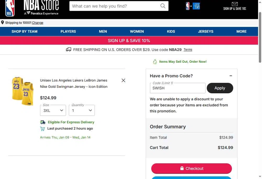 NBA League Pass checkout page showing NBA League Pass promo code box | Screenshot taken by SimplyCodes community member on Jan 3, 2026