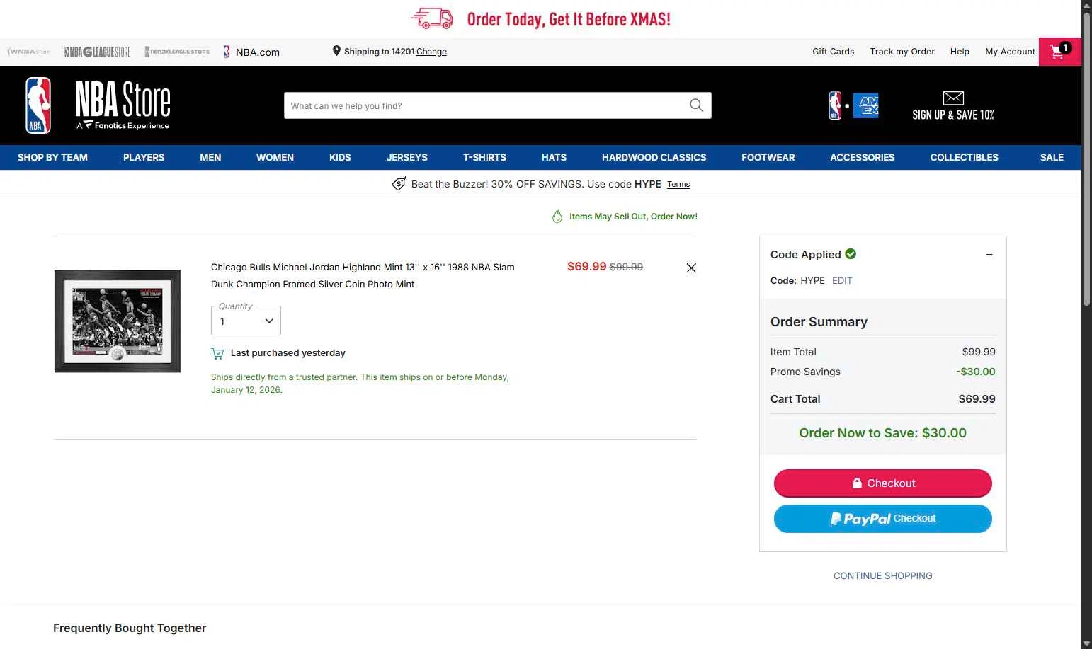NBA League Pass checkout page showing NBA League Pass promo code box | Screenshot taken by SimplyCodes community member on Dec 18, 2025