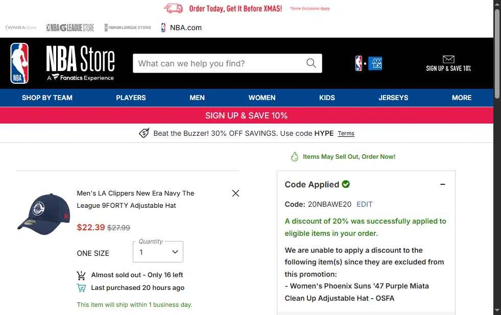 NBA League Pass checkout page showing NBA League Pass promo code box | Screenshot taken by SimplyCodes community member on Dec 19, 2025