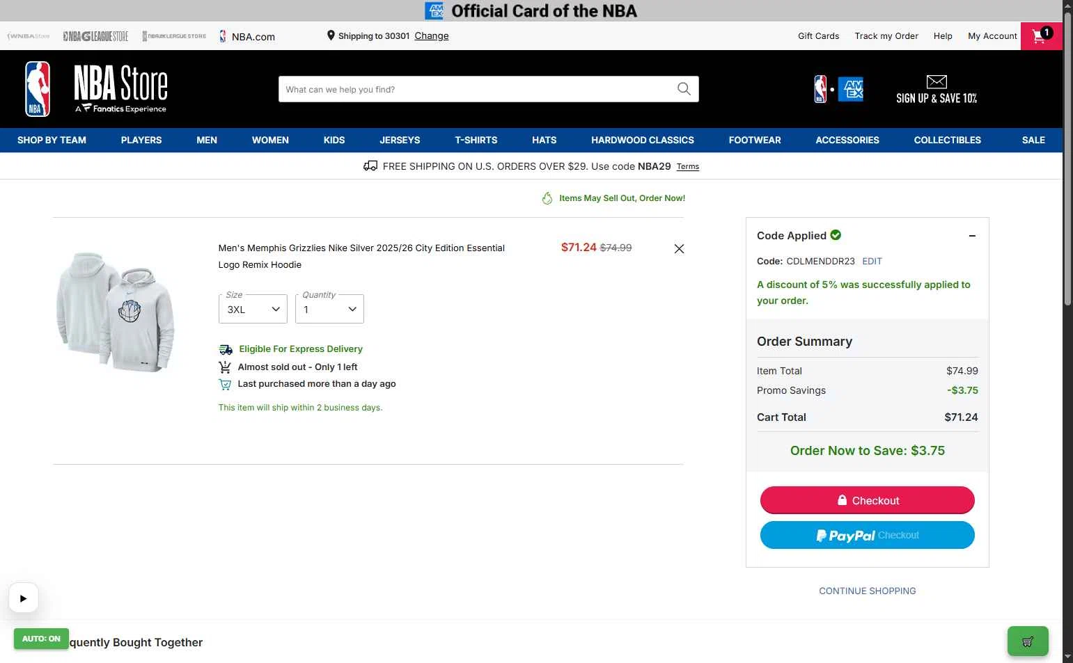 NBA League Pass checkout page showing NBA League Pass promo code box | Screenshot taken by SimplyCodes community member on Jan 27, 2026