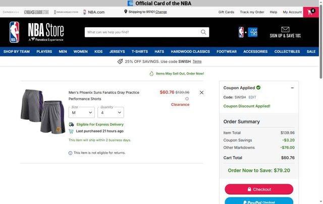 NBA checkout page showing NBA promo code box | Screenshot taken by SimplyCodes community member on Sep 3, 2025