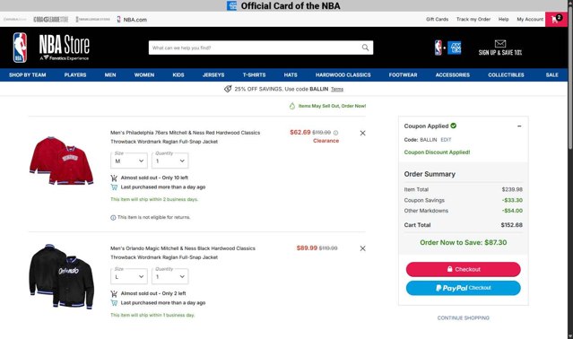 NBA checkout page showing NBA promo code box | Screenshot taken by SimplyCodes community member on Aug 25, 2025