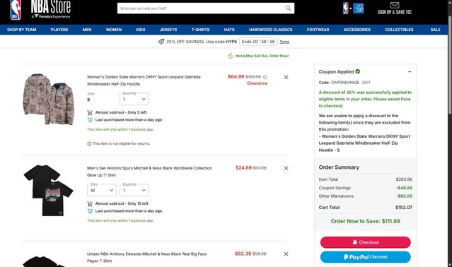 NBA checkout page showing NBA promo code box | Screenshot taken by SimplyCodes community member on Sep 5, 2025