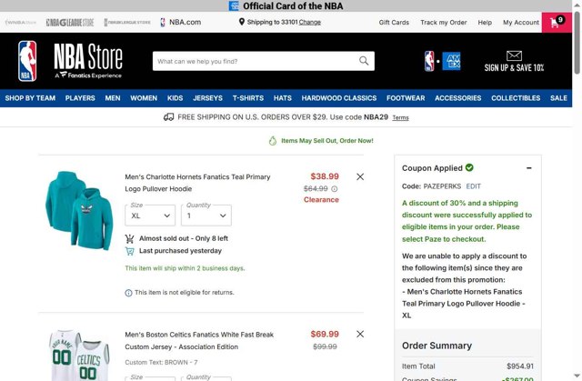 NBA checkout page showing NBA promo code box | Screenshot taken by SimplyCodes community member on Sep 2, 2025
