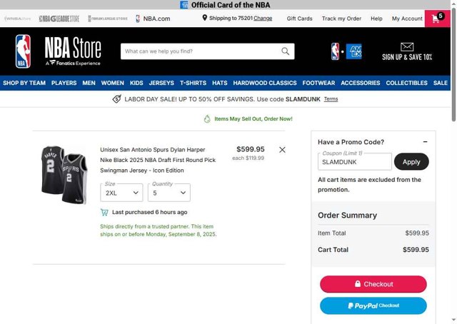 NBA checkout page showing NBA promo code box | Screenshot taken by SimplyCodes community member on Aug 29, 2025