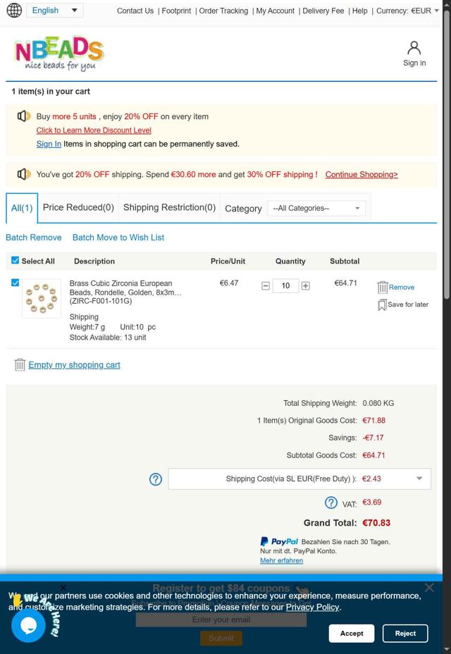 Nbeads checkout page showing Nbeads discount code box | Screenshot taken by SimplyCodes community member on Sep 4, 2025