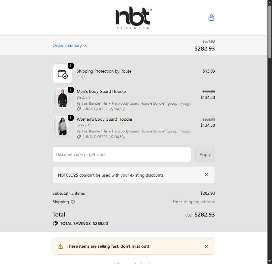 NBT Clothing checkout page showing NBT Clothing discount code box | Screenshot taken by SimplyCodes community member on Feb 18, 2026